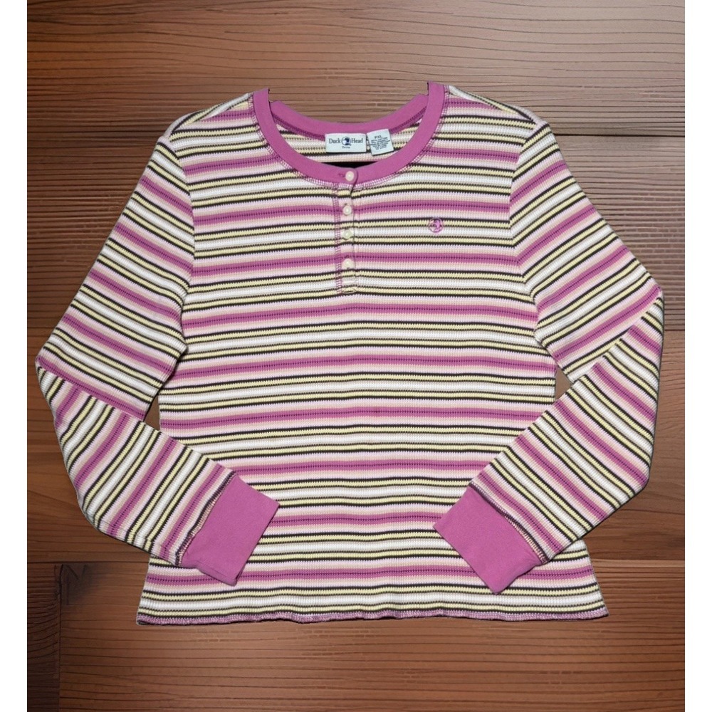 Y2K authentic Duck Head Striped Waffle Henley Size Petite XL Pink/Yellow